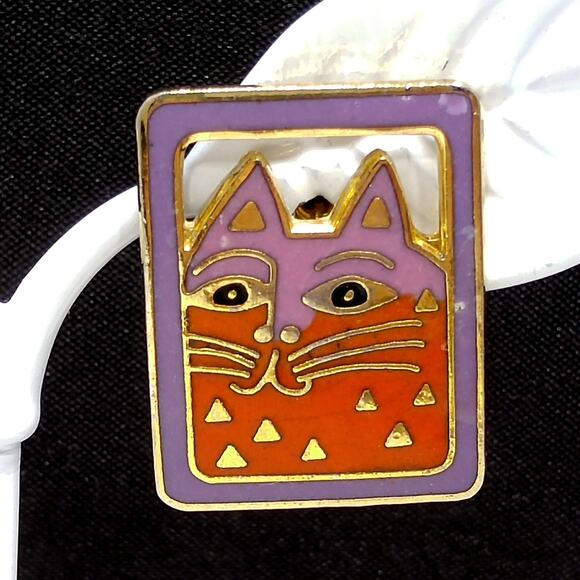 Vintage Laurel Burch "Mallory's Cat" Post Earrings, Gold Plated, Cloisonne - Picture 5 of 10